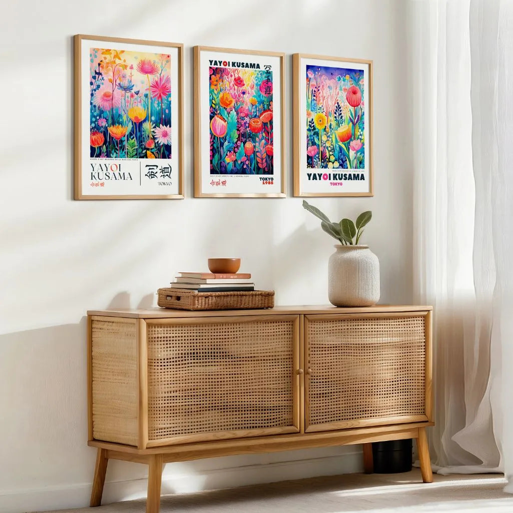 Colorful floral poster set with bright flowers in modern living room wall decor