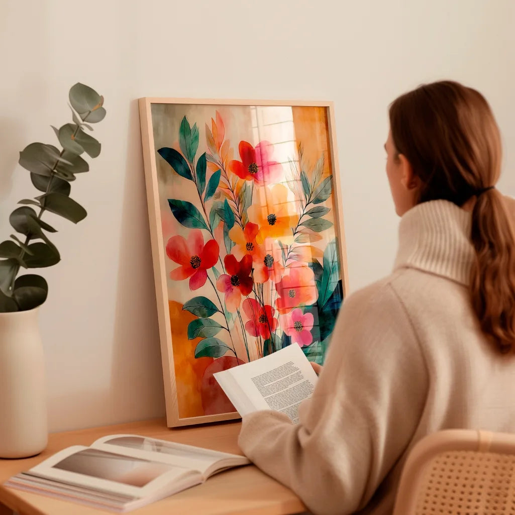 Coral pink and orange botanical poster arranged for modern gallery wall decor in creative interiors