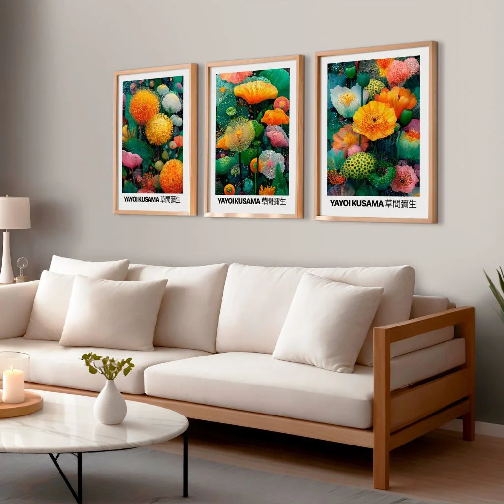 Calming dark forest poster set with yellow flowers for bedroom wall art
