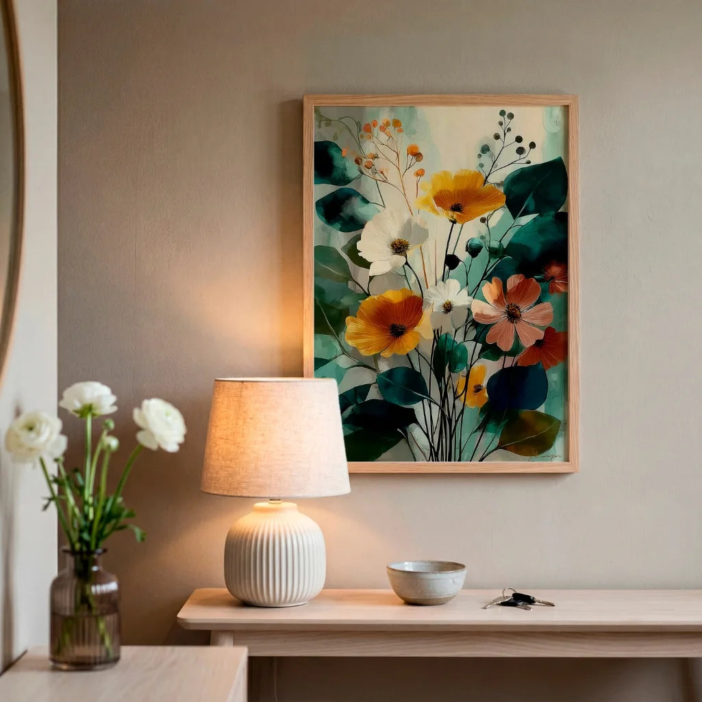 Sage green botanical floral poster with yellow and ivory flowers for stylish living room wall decor