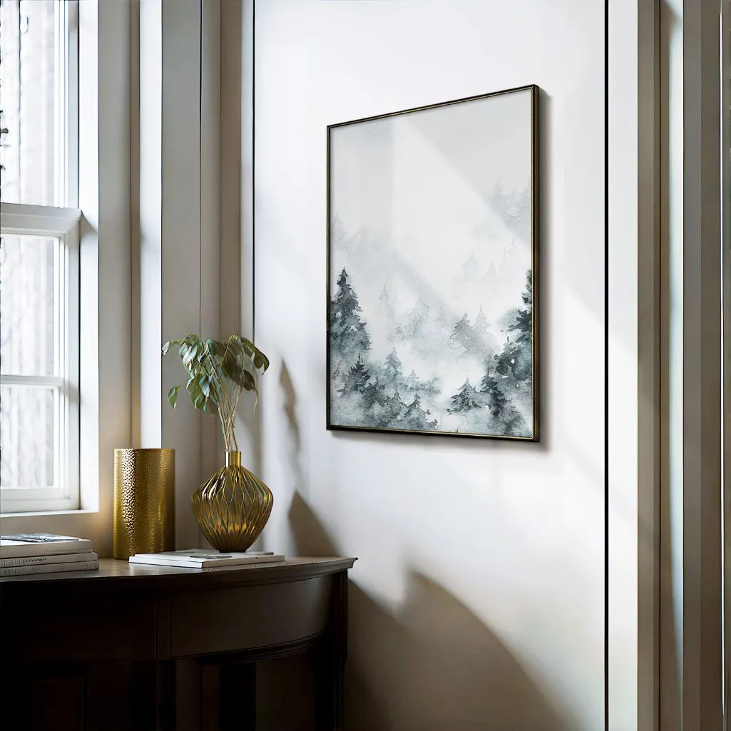 foggy forest watercolor poster living room calm decor