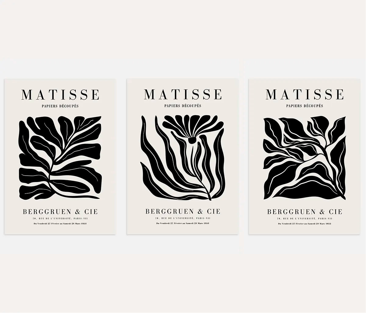 Henri Matisse black botanical leaves poster set of 3 in high contrast black and beige wall art