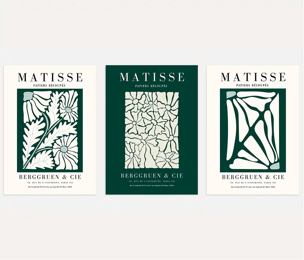 Henri Matisse green floral poster set of 3 with botanical shapes in deep green and cream wall art