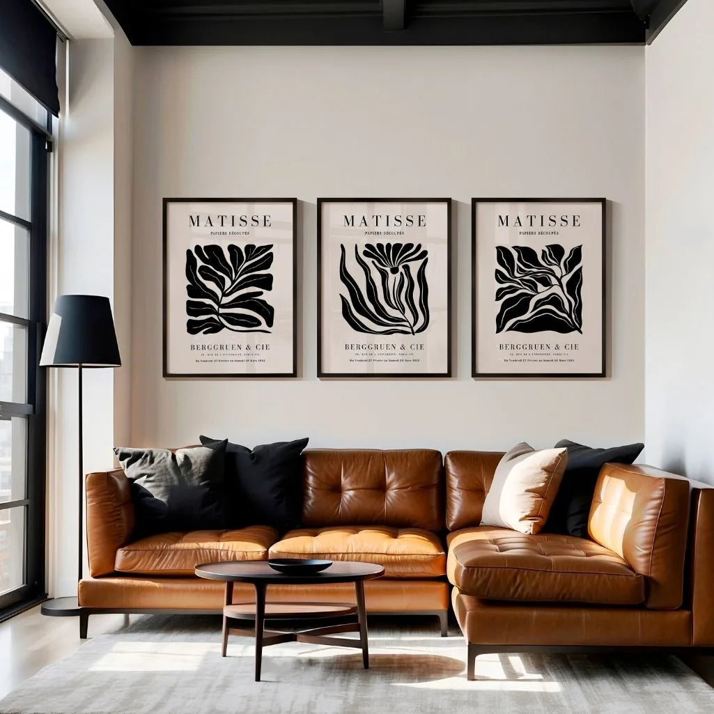 Henri Matisse modern botanical poster set of 3 in black and beige tones for stylish wall art