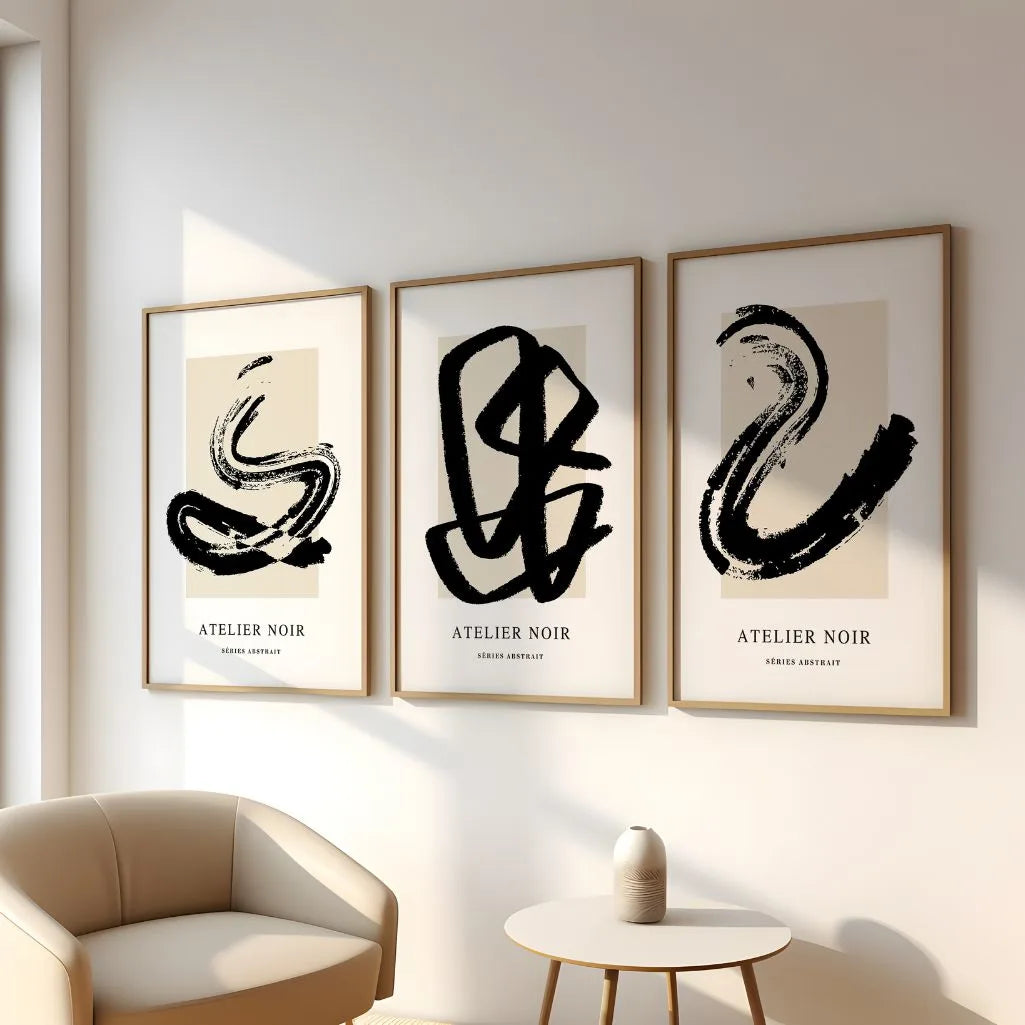 Abstract calligraphy poster set inspired by Japanese ink art