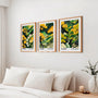 Yellow and green Japanese nature poster set of 3 in modern living room, floral landscape wall decor above sofa