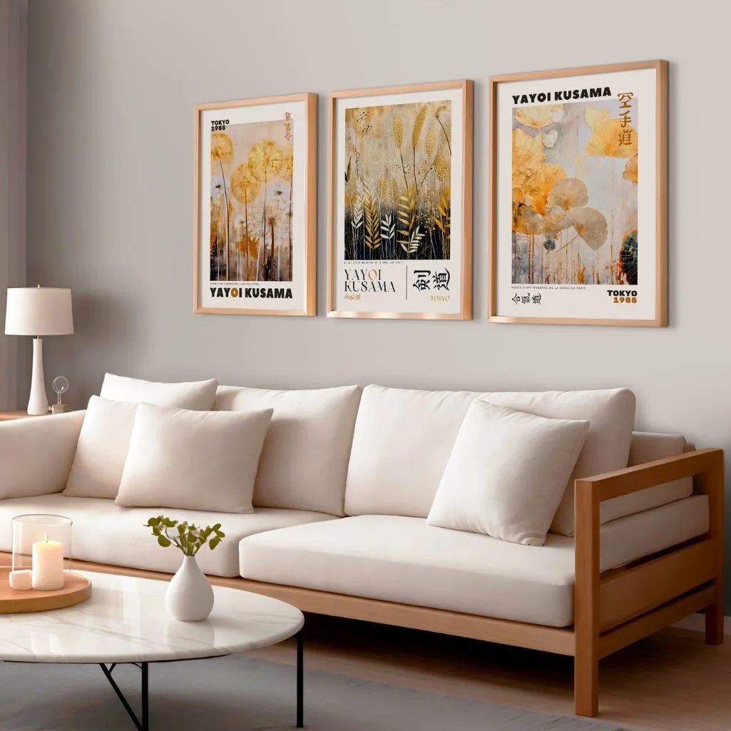 Soft gold botanical poster set in bedroom, calm beige black plant wall decor