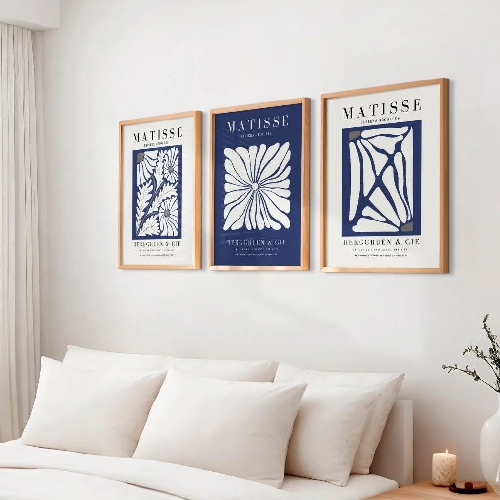 Henri Matisse botanical blue flowers poster set in navy and beige tones for modern home decor