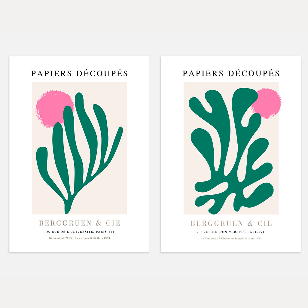 Matisse green cutouts poster set of 2 with deep green shapes and pink accent