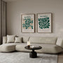Close up of abstract green leaf poster set showing soft botanical shapes and neutral tones