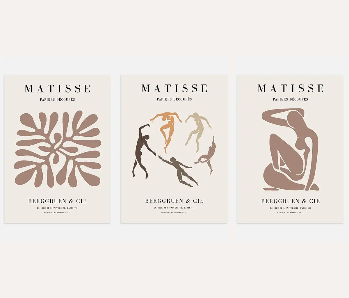 Henri Matisse poster set of 3 with abstract figures in beige and brown tones wall art decor