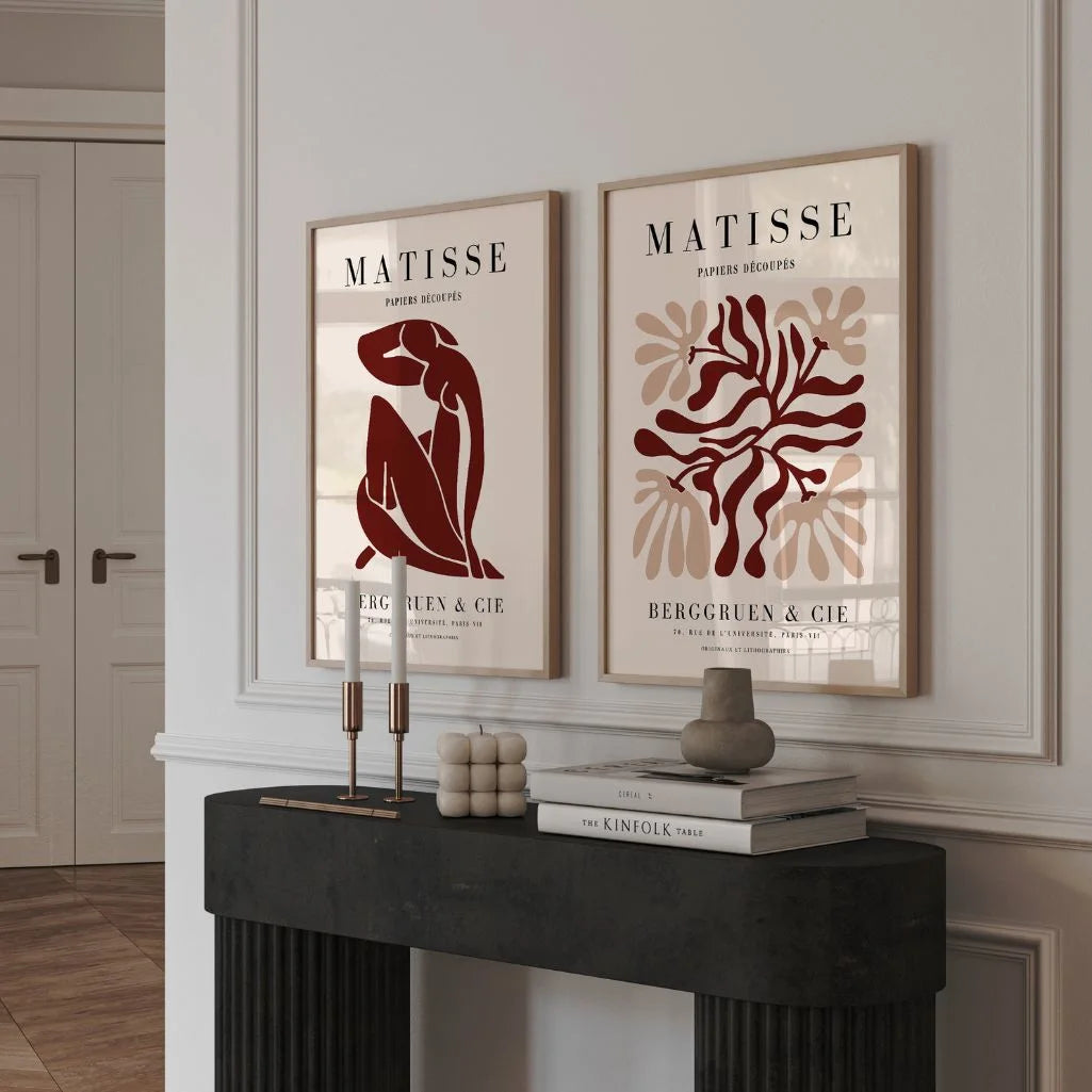Close up of red abstract poster set showing bold shapes and color contrast