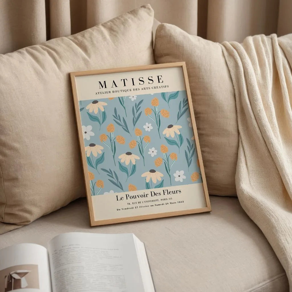 Close up of wildflower poster showing soft plant forms and muted color palette