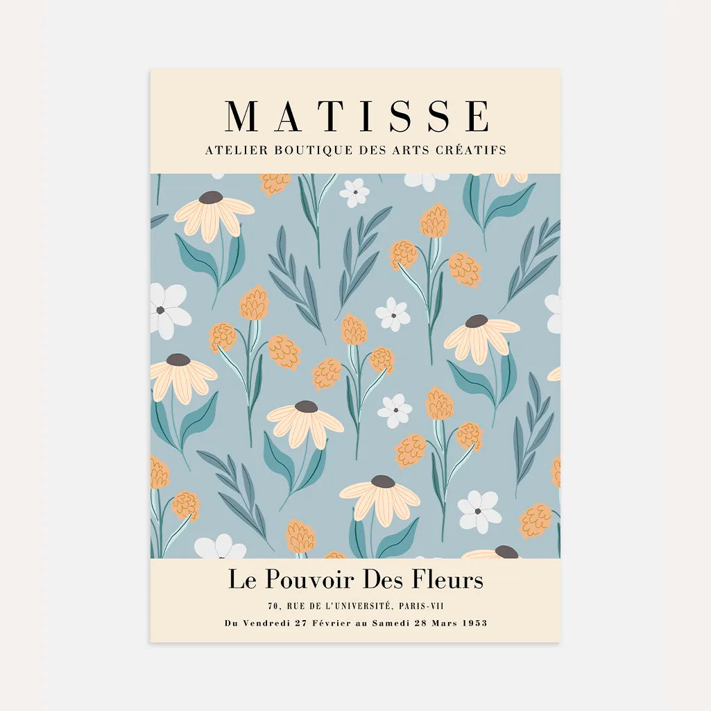 Matisse wildflowers poster with airy botanical composition on blue grey background