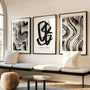 Minimalist abstract poster set with black and white tones for gallery wall decor