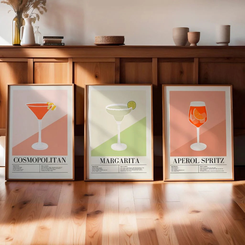 minimalist cocktail recipe wall art set for kitchen and bar decor orange green pink