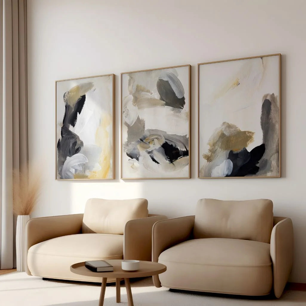 Minimalist luxury wall art set with beige and gold palette