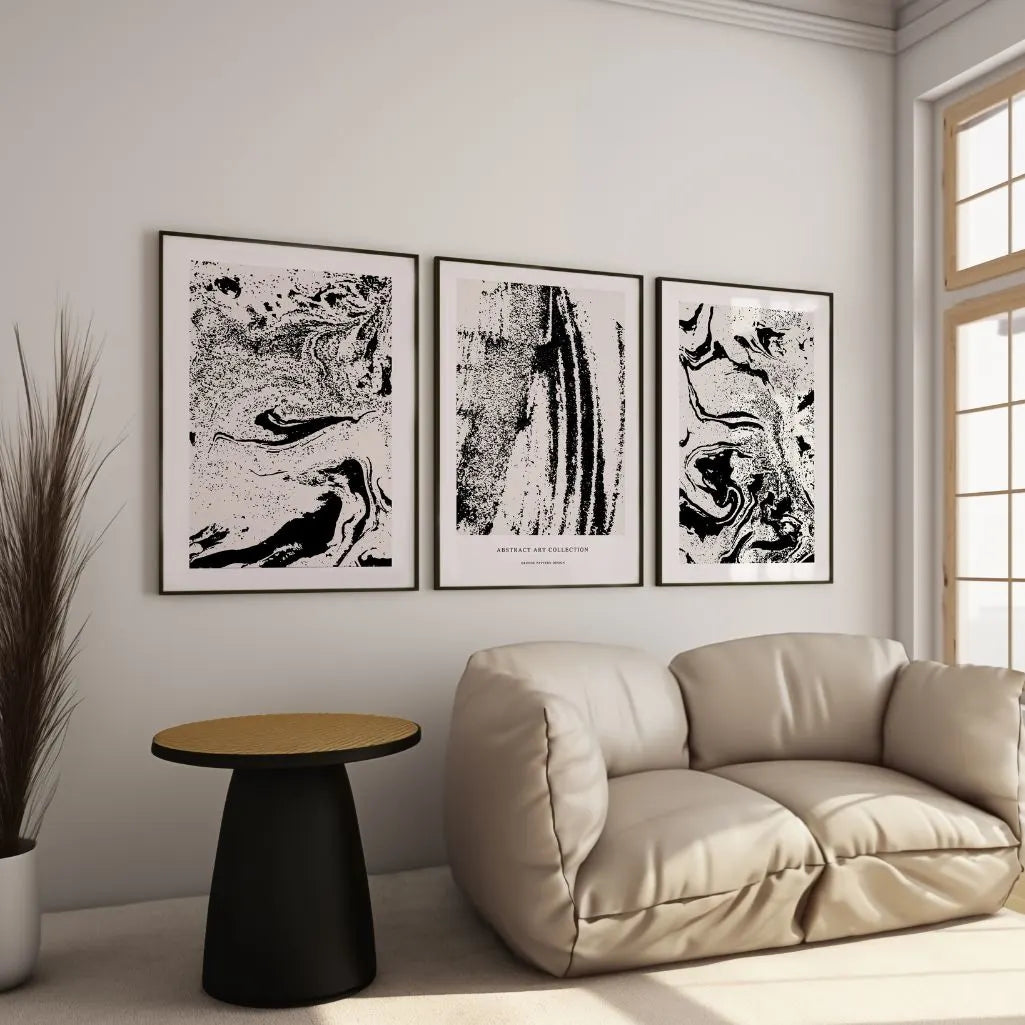 Minimalist monochrome poster set with marble pattern texture