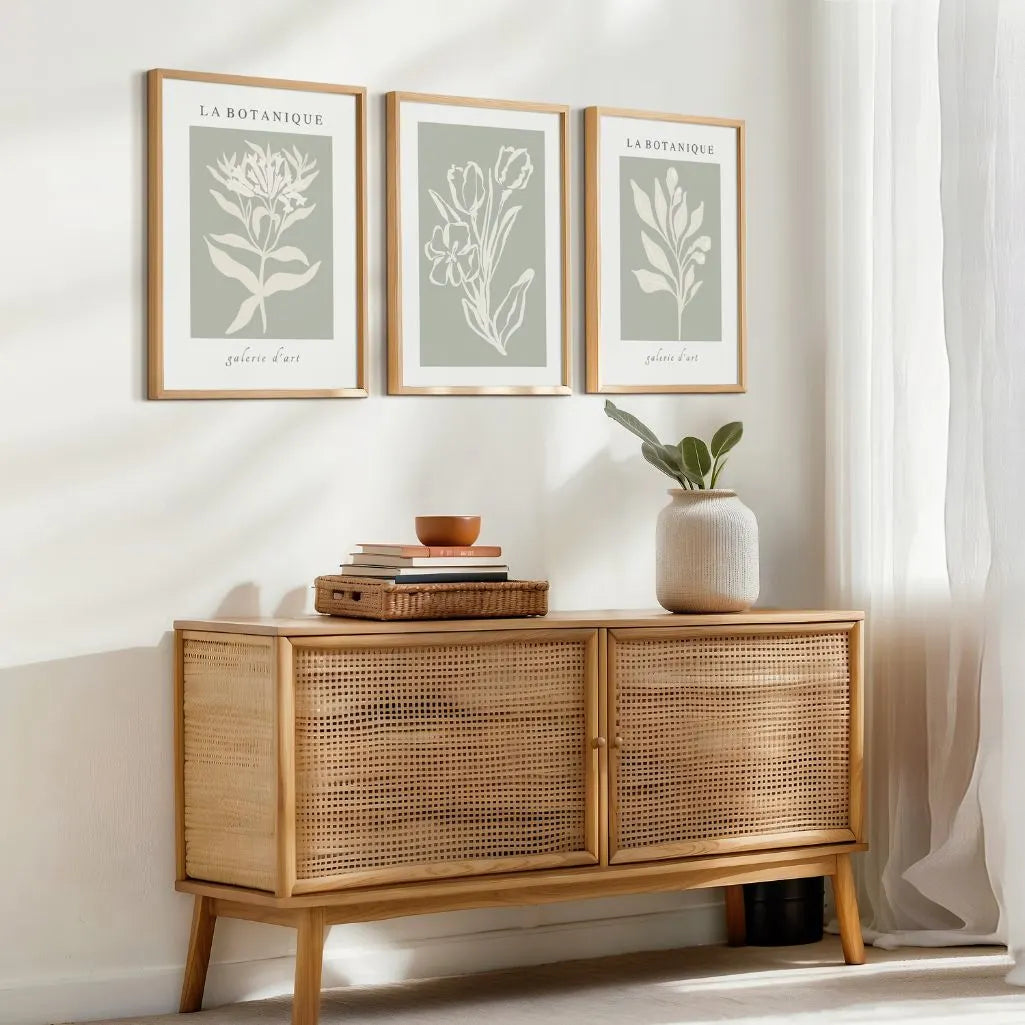 white botanical silhouette poster set wall art for living room decor sage green