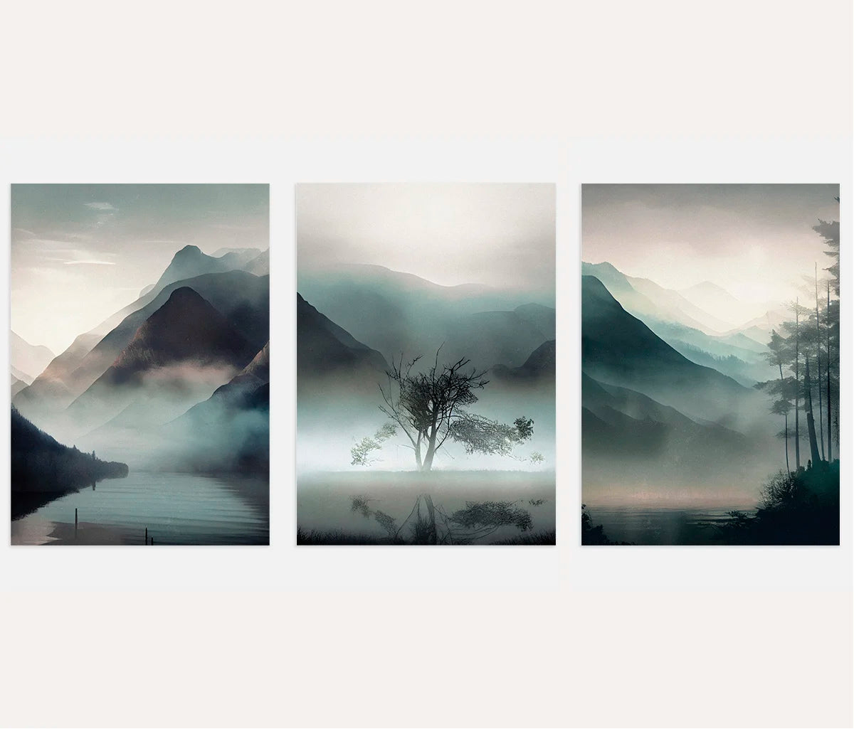 misty mountain landscape poster set blue grey wall art calm nature decor