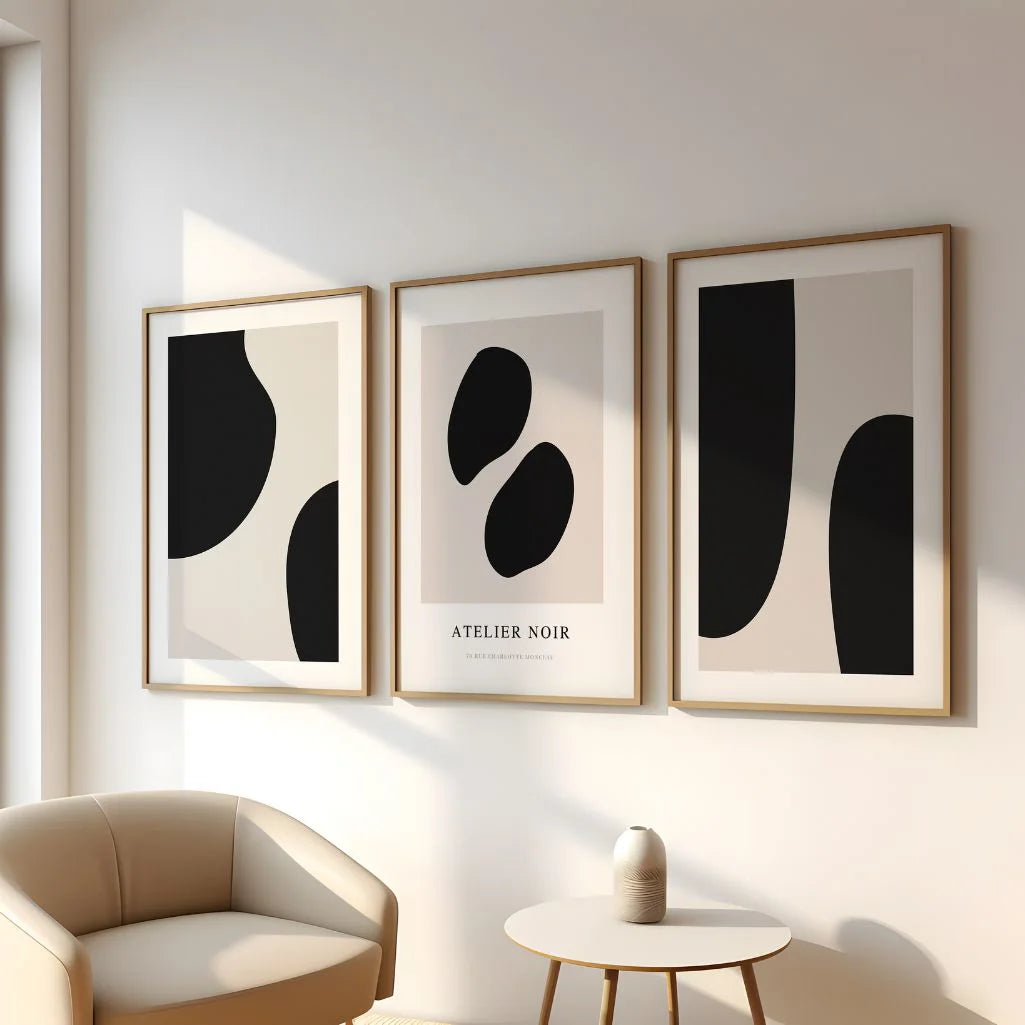 Modern abstract poster set in black and beige tones for neutral interior wall decor
