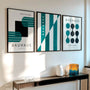 turquoise and deep green bauhaus wall art set in modern minimalist living room