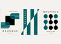 bauhaus poster set of 3 with turquoise and deep green geometric stripes and diagonal forms