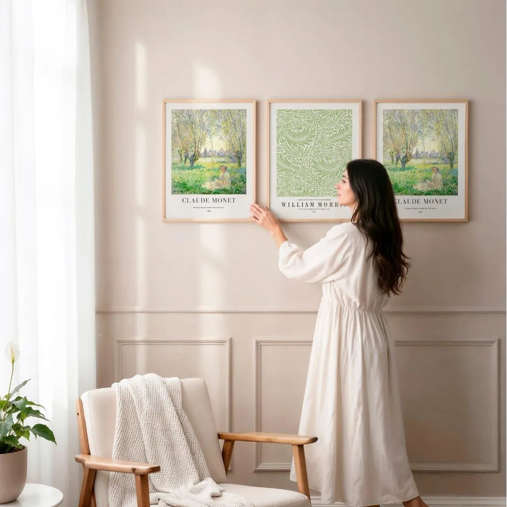 Claude Monet landscapes combined with Morris botanical pattern poster set
