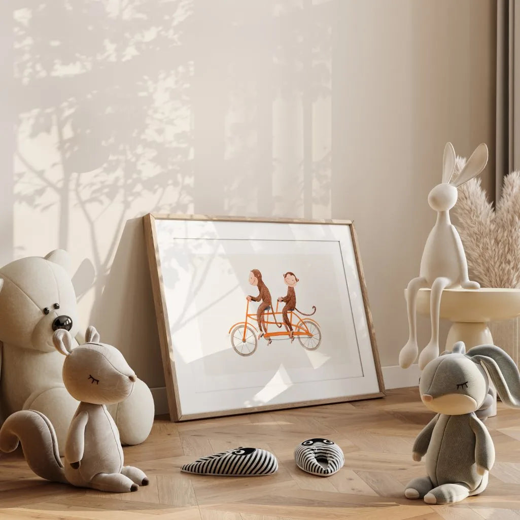 monkeys tandem bike poster kids bedroom wall art