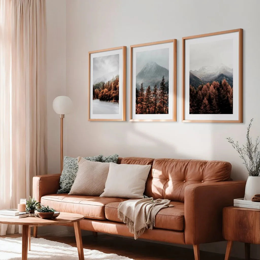 Nordic style mountain poster set of 3 calm earth tone wall art