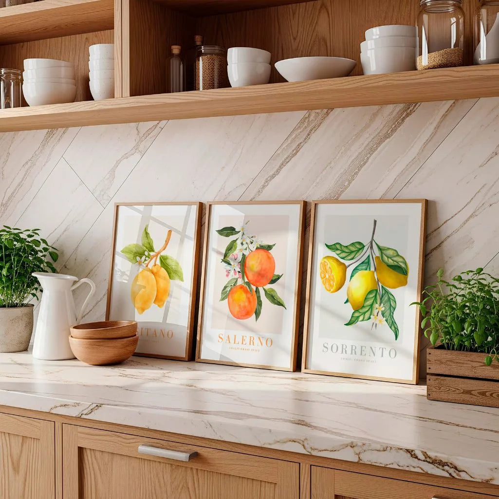 orange fruit botanical poster wall art set for dining room mediterranean decor