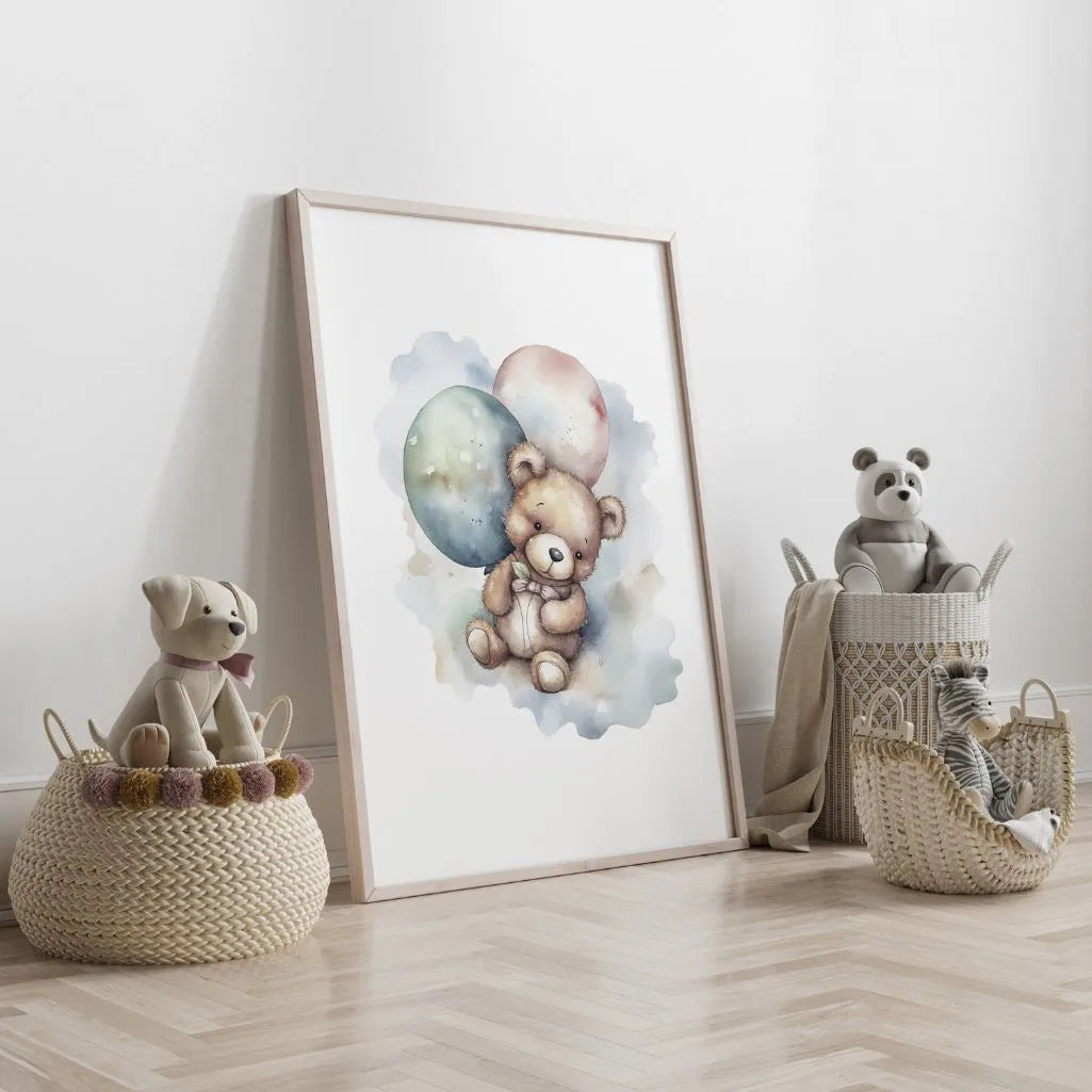 pastel bear with balloons poster kids gallery wall