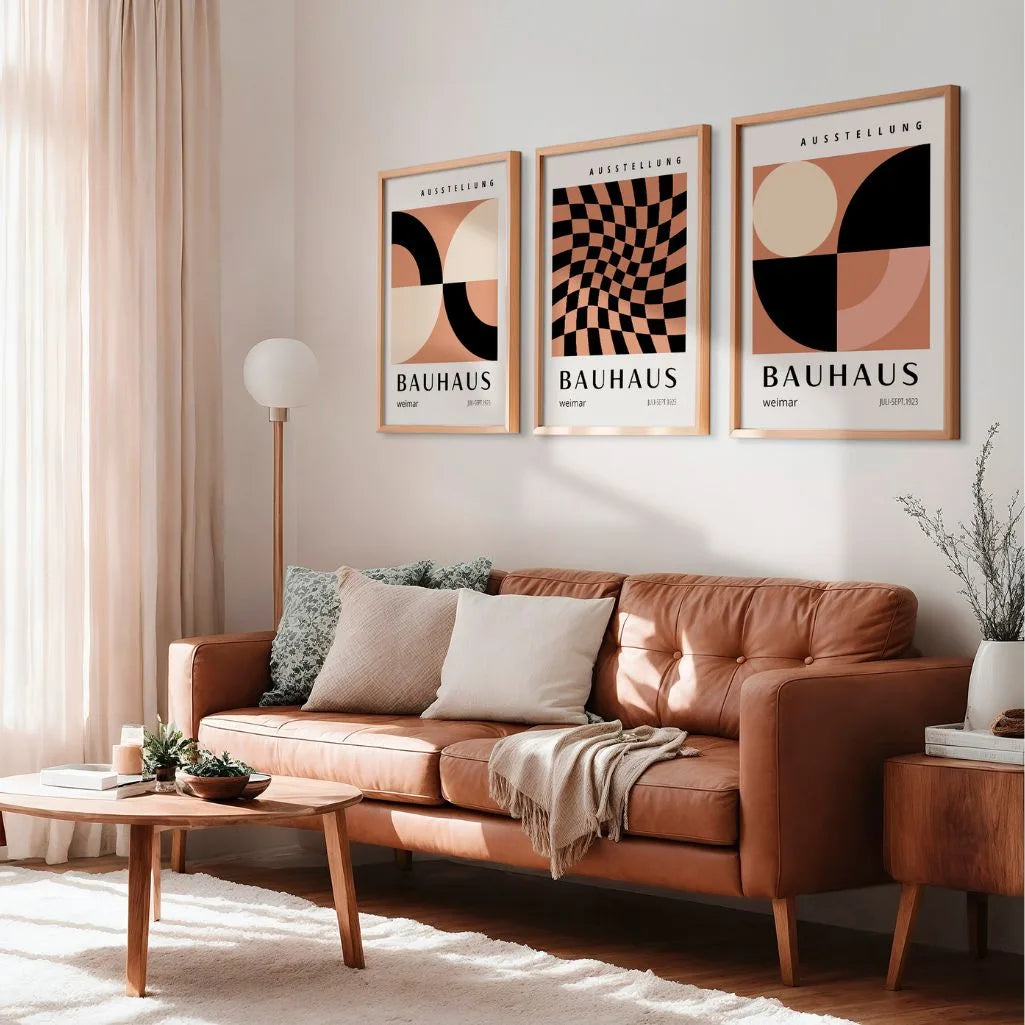 caramel cream and black bauhaus poster set arranged in modern gallery wall