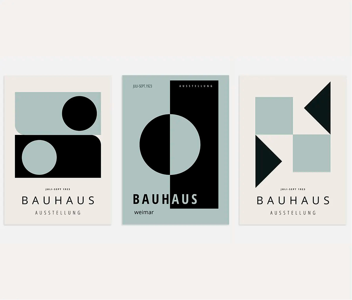 bauhaus poster set of 3 with green grey and black geometric circles triangles and rectangles