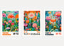Yayoi Kusama poster set of 3 with pink orange turquoise flowers, vibrant artistic floral wall art