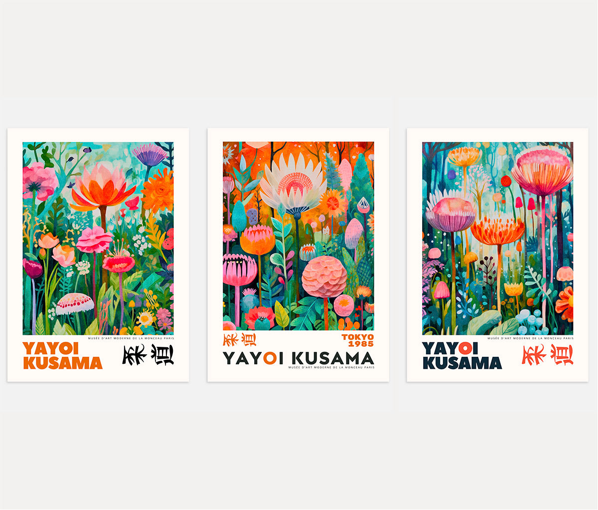 Yayoi Kusama poster set of 3 with pink orange turquoise flowers, vibrant artistic floral wall art
