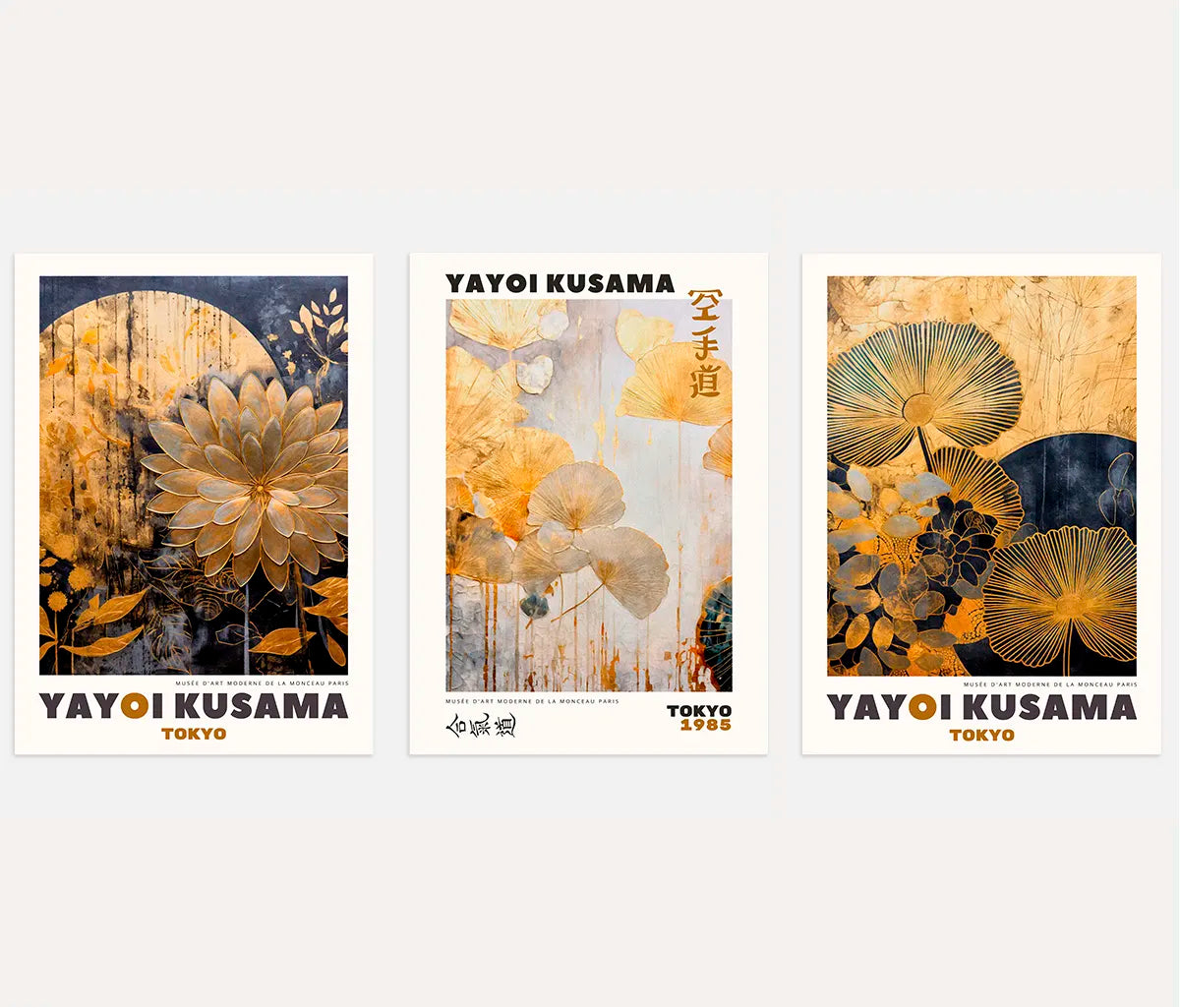 yayoi kusama inspired floral poster set of 3 gold blue botanical wall art decor