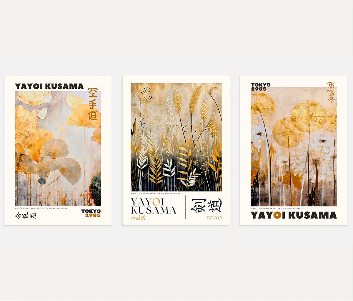 Yayoi Kusama poster set of 3 with gold botanical plants, beige black elegant wall art