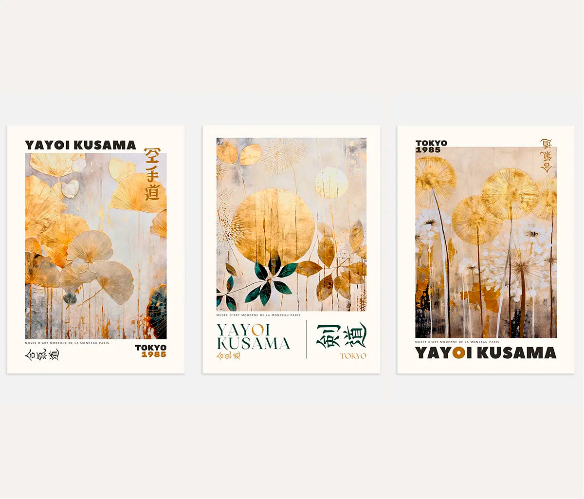 Yayoi Kusama gold botanical poster set of 3 with beige neutral wall art
