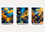 Yayoi Kusama poster set of 3 with blue and orange colors, night forest Japanese landscape wall art