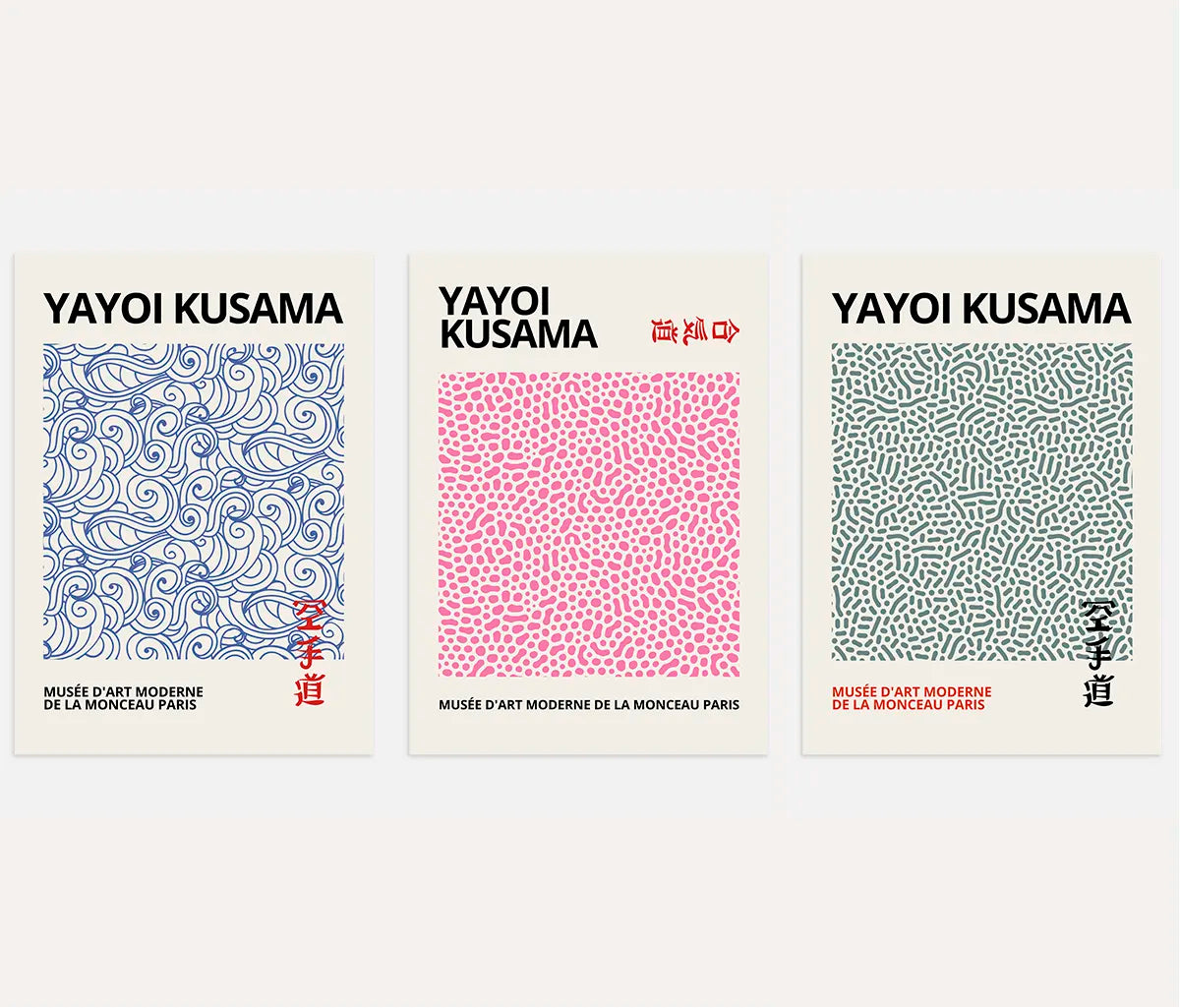 Yayoi Kusama poster set of 3 with mixed patterns in blue green pink abstract wall art